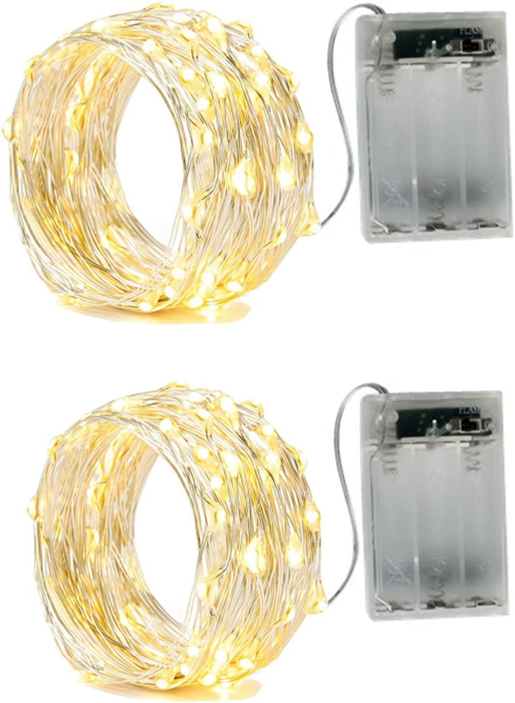 2 X 20Leds Fairy Lights Battery Operated, Silver Wire 2 Mode Chains String Light