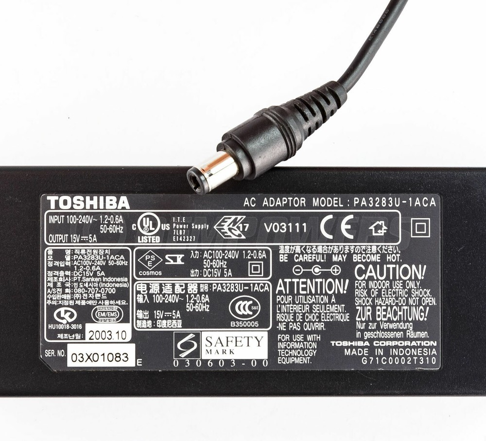Genuine Toshiba Portege Tecra Satellite Laptop AC Power Adapter PA3283U-1ACA 15V