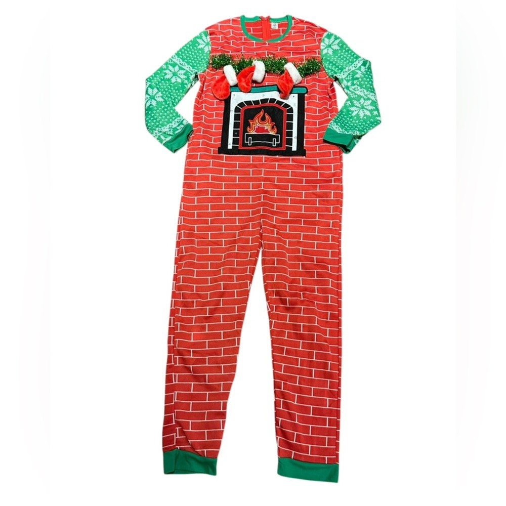 Ugly Christmas Pajamas with Red Fireplace Stockings Tinsel Back Zip Holiday Family Matching Set