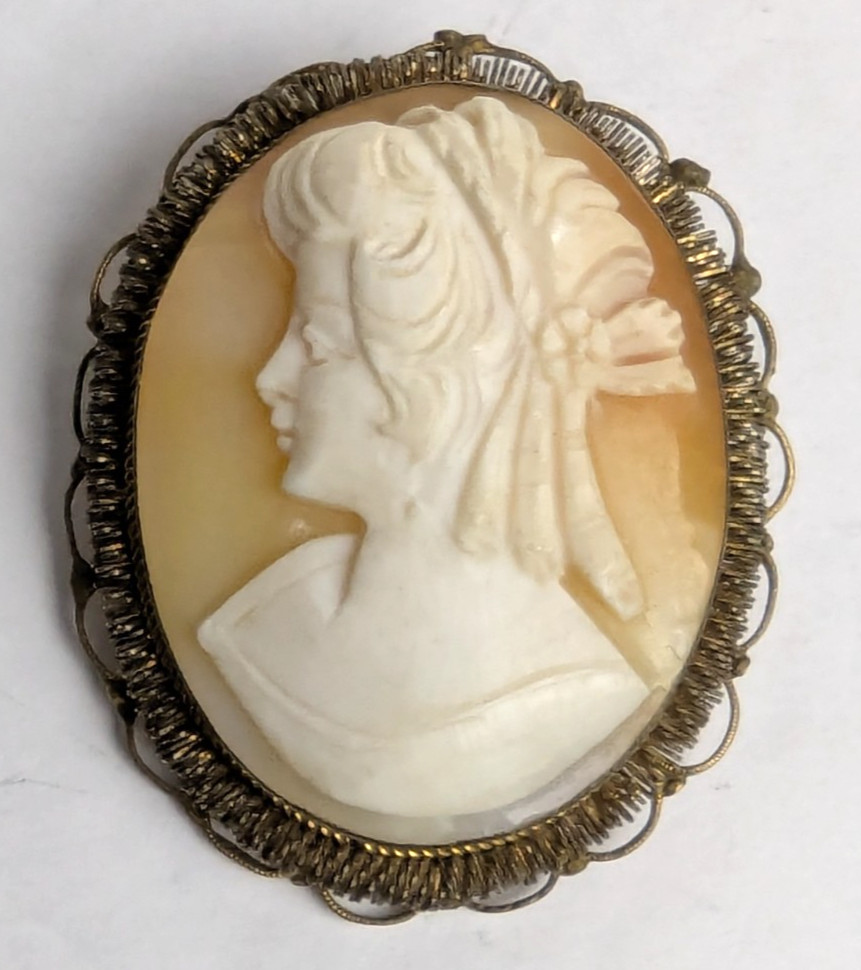 Antique Edwardian Cameo Left Facing Hand Carved Shell  Filigree Pendant Brooch
