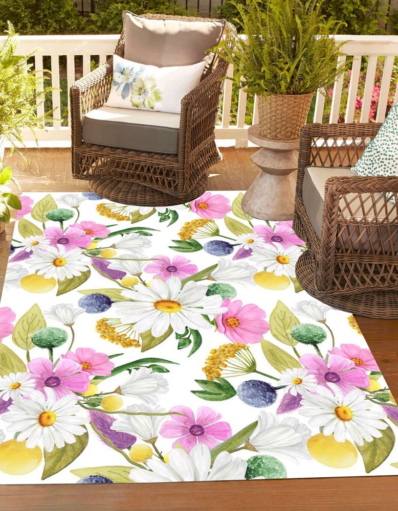Floral Outdoor Rug Red White Sunflower Non-Slip for Balcony Deck RV