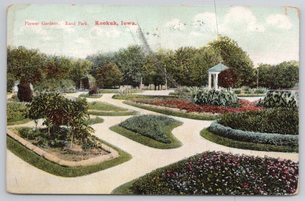 1909 Keokuk Iowa Rand Park Flower Gardens Gazebo Vintage Postcard