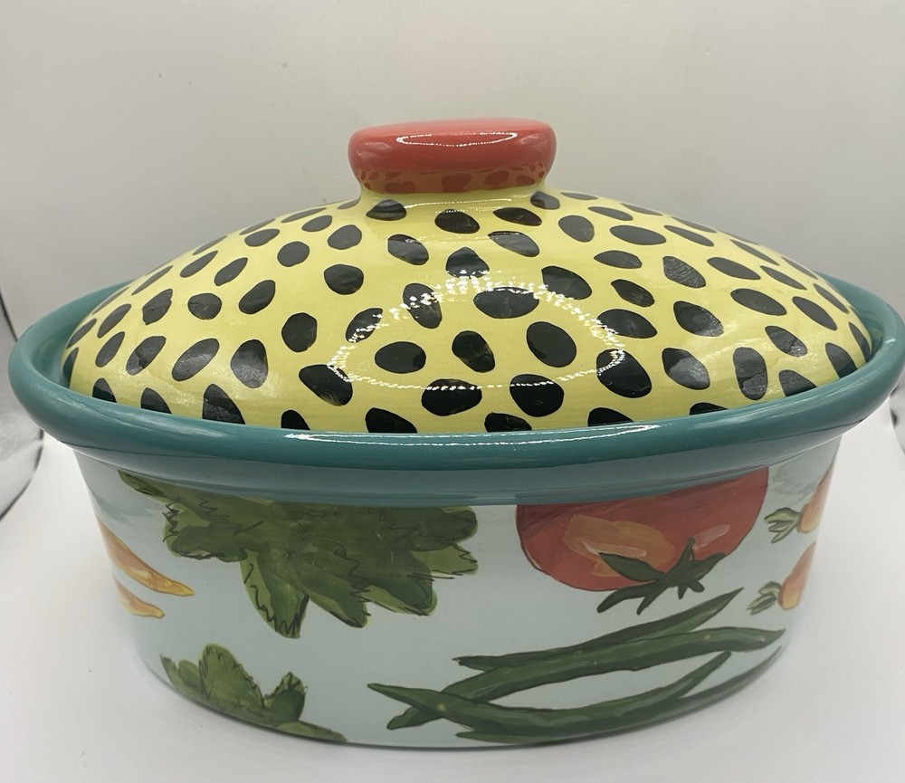 Droll Designs Hand Painted Covered Casserole Dish Vegetable Pattern 9 In X 6 In