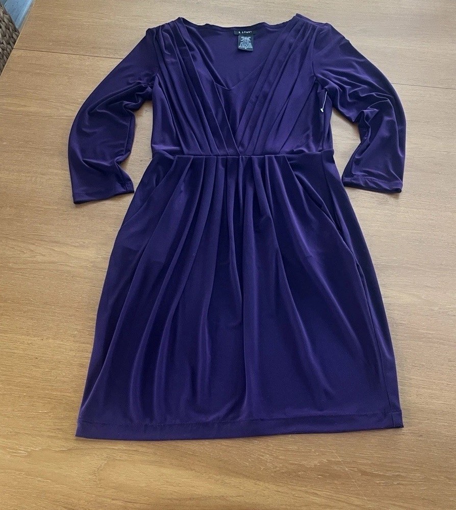 B. Smart Purple Knit Dress, Pleated Faux Wrap , 3/4 Sleeve, Knee Length, Sz 10