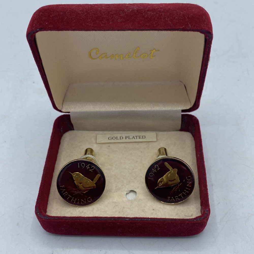 Vintage 1942 Gold Plated Farthing Cufflinks with Red Enamel