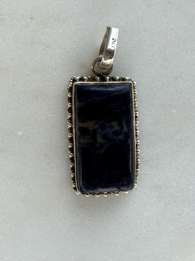 Vintage Sterling Silver 925 Sodalite Pendant Blue Stone Rectangular Beaded