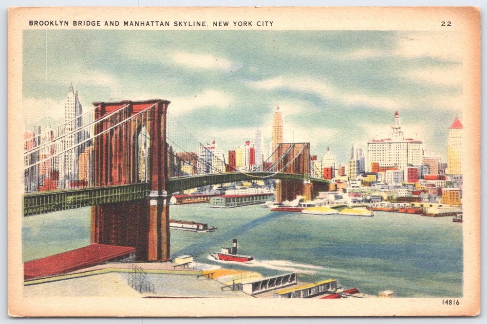 Vintage Brooklyn Bridge & Manhattan Skyline New York City Postcard