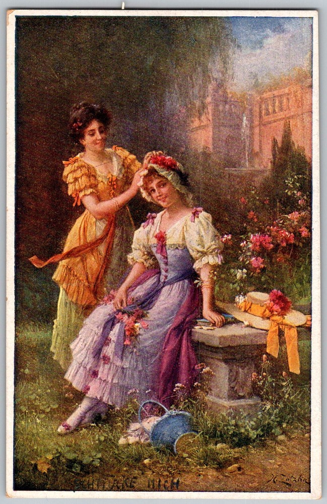 Antique Postcard Zatzka Ladies Garden Scene 1910s