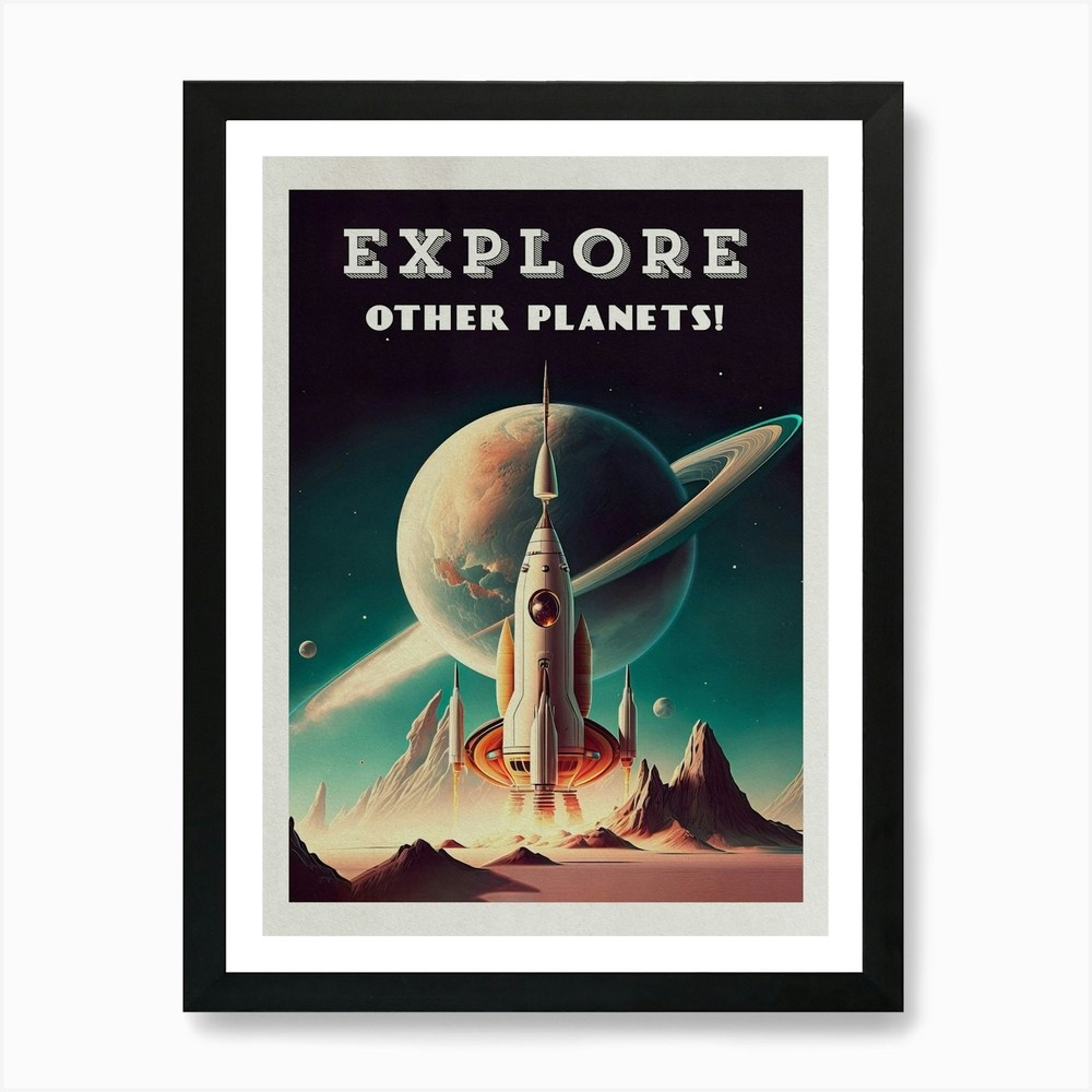 Vintage Space Planet Exploration Framed Wall Art Poster Canvas Print