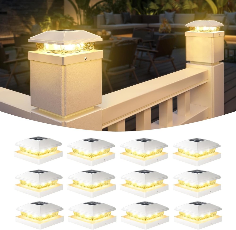 VOLISUN 12-Pack Solar Fence Post Lights with 12 Cap Lights in White