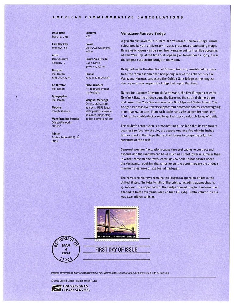 USPS First Day Souvenir Cancellation Page FDC Verrazano N Bridge 4872 2014-14