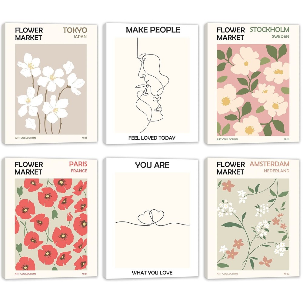 Framed Flower Market Poster Decor Set of 6 Minimalist Line Wall Art Prints wi...