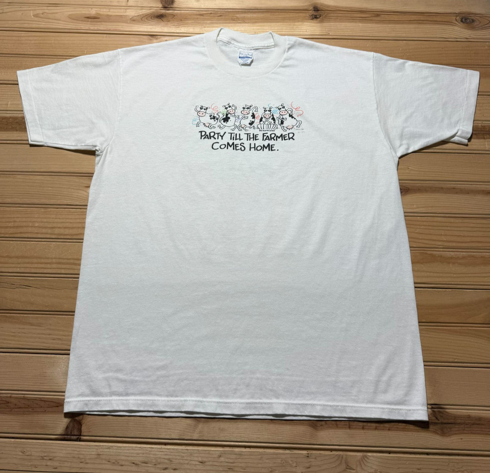 Vintage 90s Cow Party Till Farmer Comes Home Funny Single Stitch Shirt USA - XL