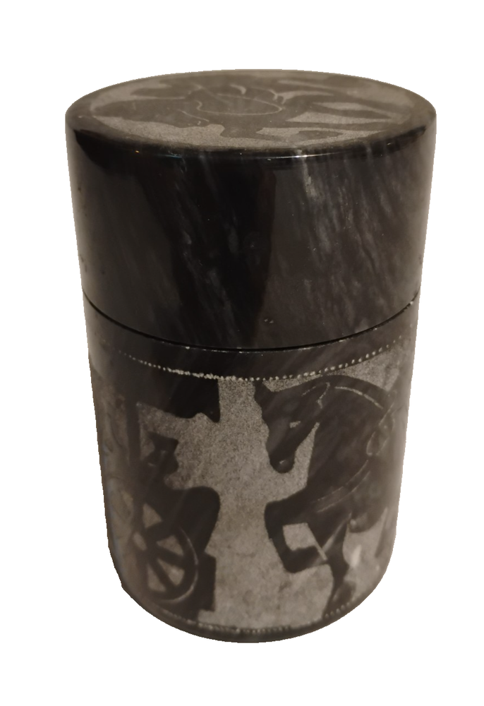 Roman Etruscan Horse Chariot Cylinder Box in Black Marble Soapstone