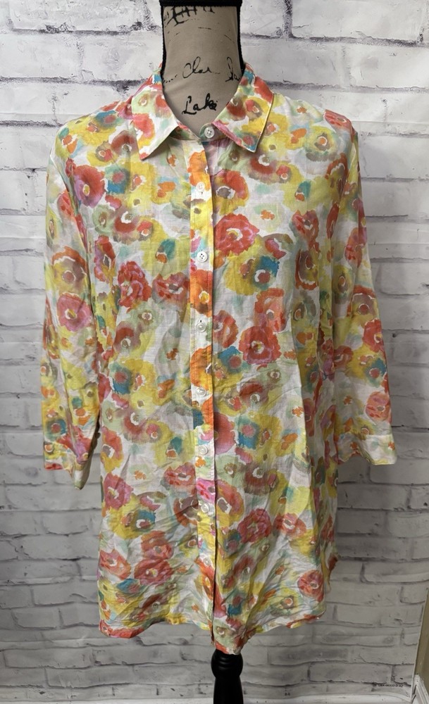 Coldwater Creek  XL 16 Floral Button Down Silk Blend Blouse Button Down Top