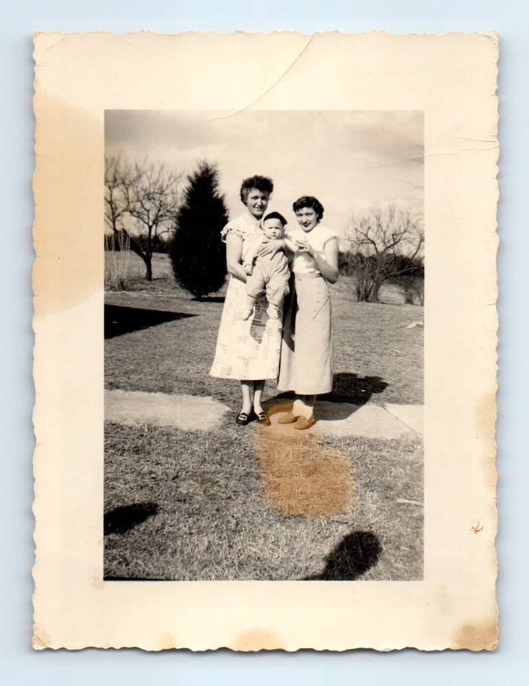 Old Vintage Photo WOMEN HOLDING BOY OUTSIDE ON SIDEWALK BY HOUSE SNAPSHOT