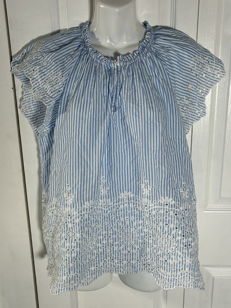 Philosophy Blue White Striped Eyelet Embroidered Blouse Size Large Cottagecore