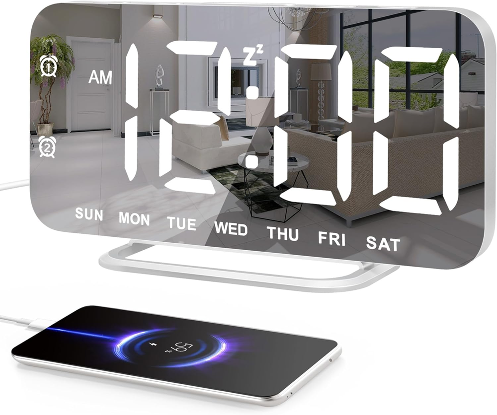 Slim White LED Digital Alarm Clock with Mirror Surface for Bedroom or Desk