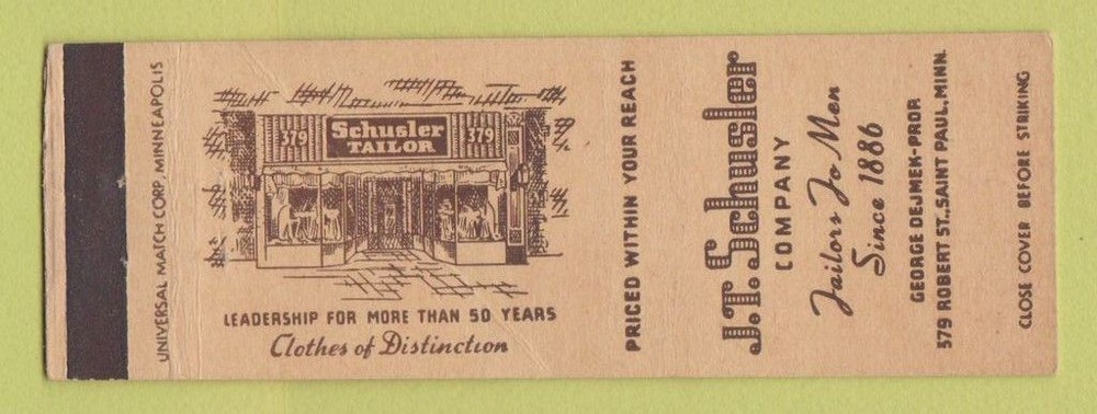 Matchbook Cover - JT Schusler Men's Clothes Tailor St Paul MN CREASE