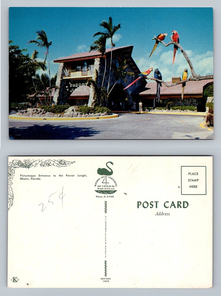 Miami, FL-Florida, Parrot Jungle Entrance with Colorful Parrots Vintage Postcard