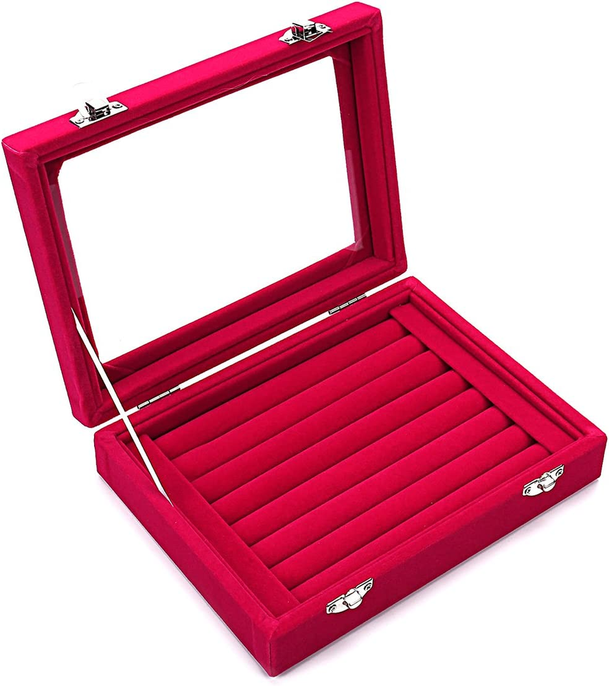 7 Slots Velvet Glass Ring Jewellery Display Storage Box Tray Case Holder Earring