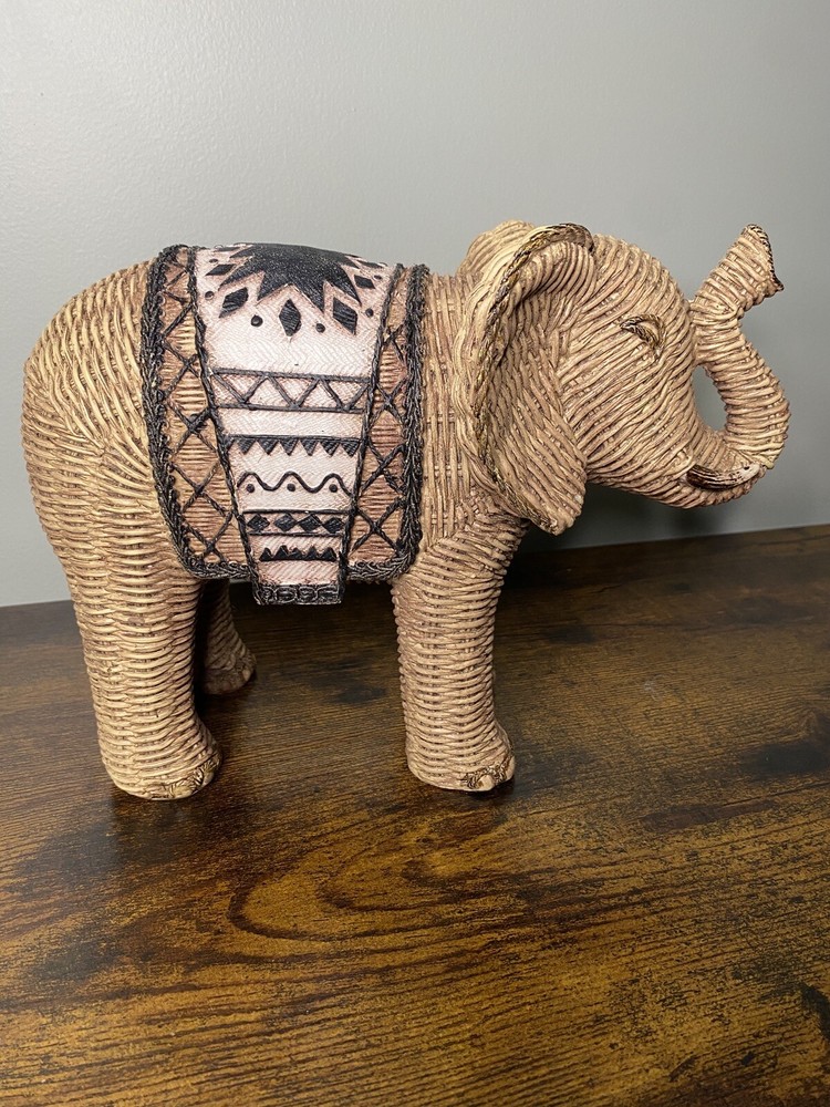 Wooden Elephant Sculpture Carved Statue Painted Decor Wicker Rattan