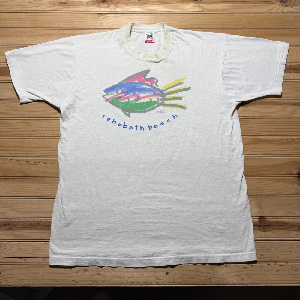 Vintage 1986 Rehoboth Beach Fish Drawing Art Graphic Souvenir T-Shirt USA - XL