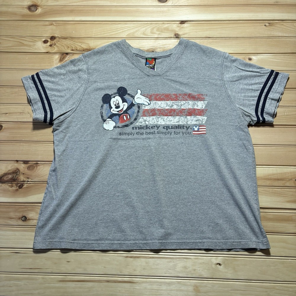 Vintage 90s Disney Mickey Mouse USA Flag Striped Grey Shirt Womens Size 2XL
