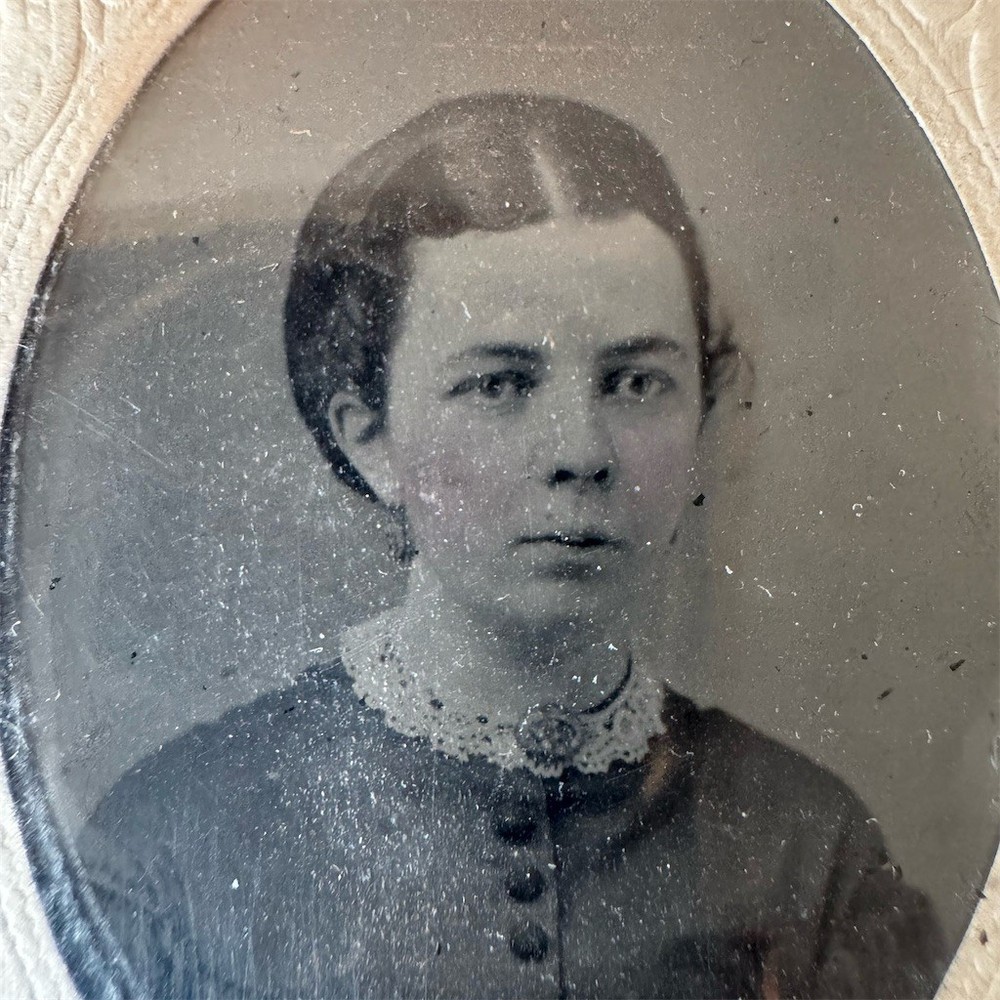 Antique Victorian Tintype Photo Young Woman Portrait Embossed Paper Mat