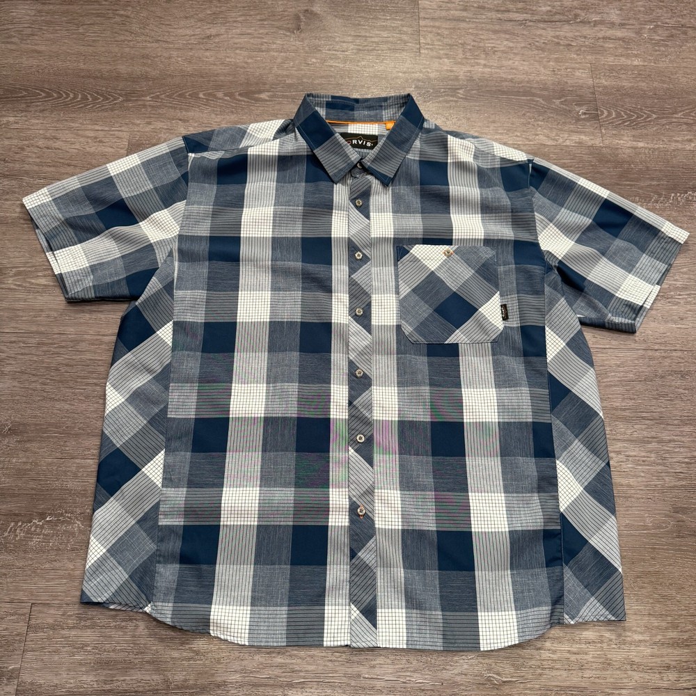 Orvis Shirt Mens XXL Blue Plaid Trout Bum Vented Button Polyester Short Sleeve