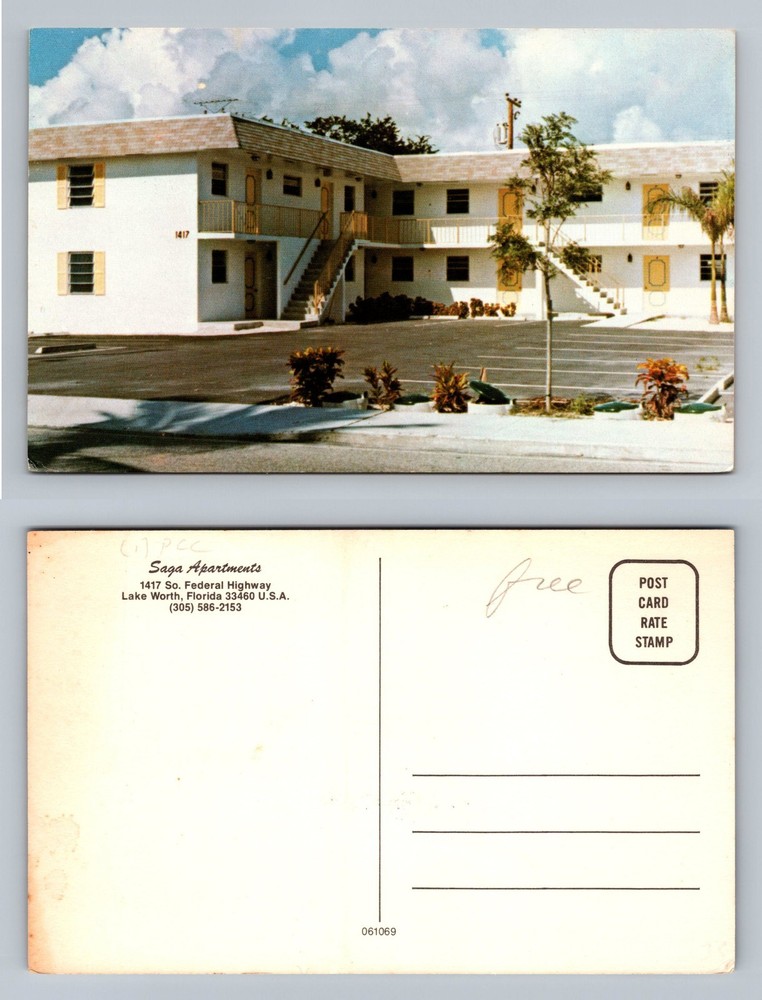 Lake Worth, FL-Florida, Saga Apartments Parking Lot View Vintage Postcard