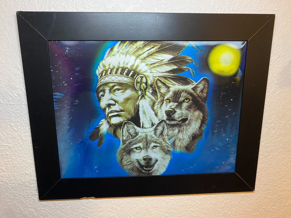 Vtg 3D Lenticular Holographic Framed Picture Native American Chief Wolf Eagle