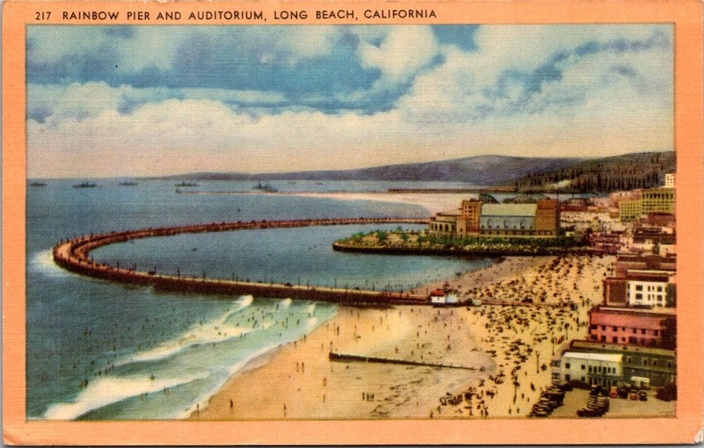 1949 Long Beach CA Rainbow Pier Auditorium Linen Postcard Vintage