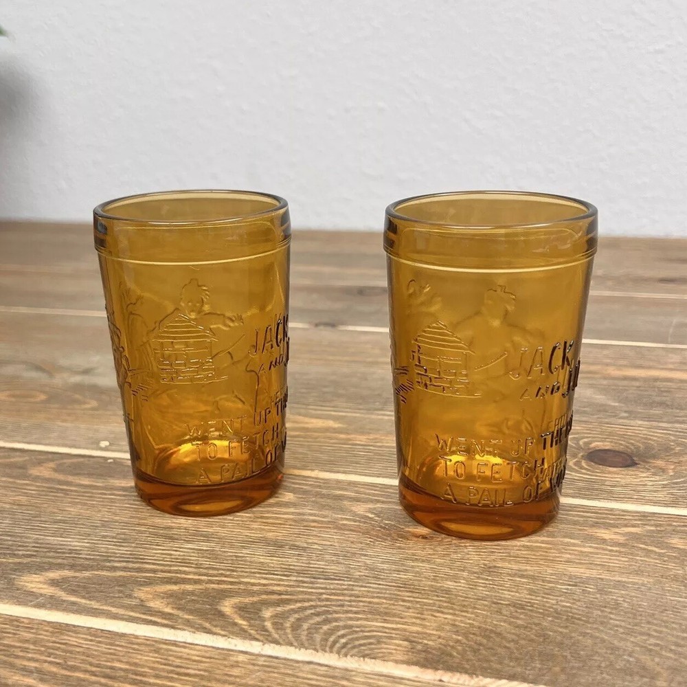 Vintage Amber Brown Jack and Jill Nursery Rhyme Tall Drinking Glass Set 2