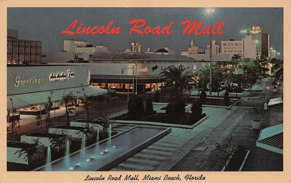 Miami Beach FL Florida Sunset Night Life Lincoln Road Mall Vtg Postcard E48