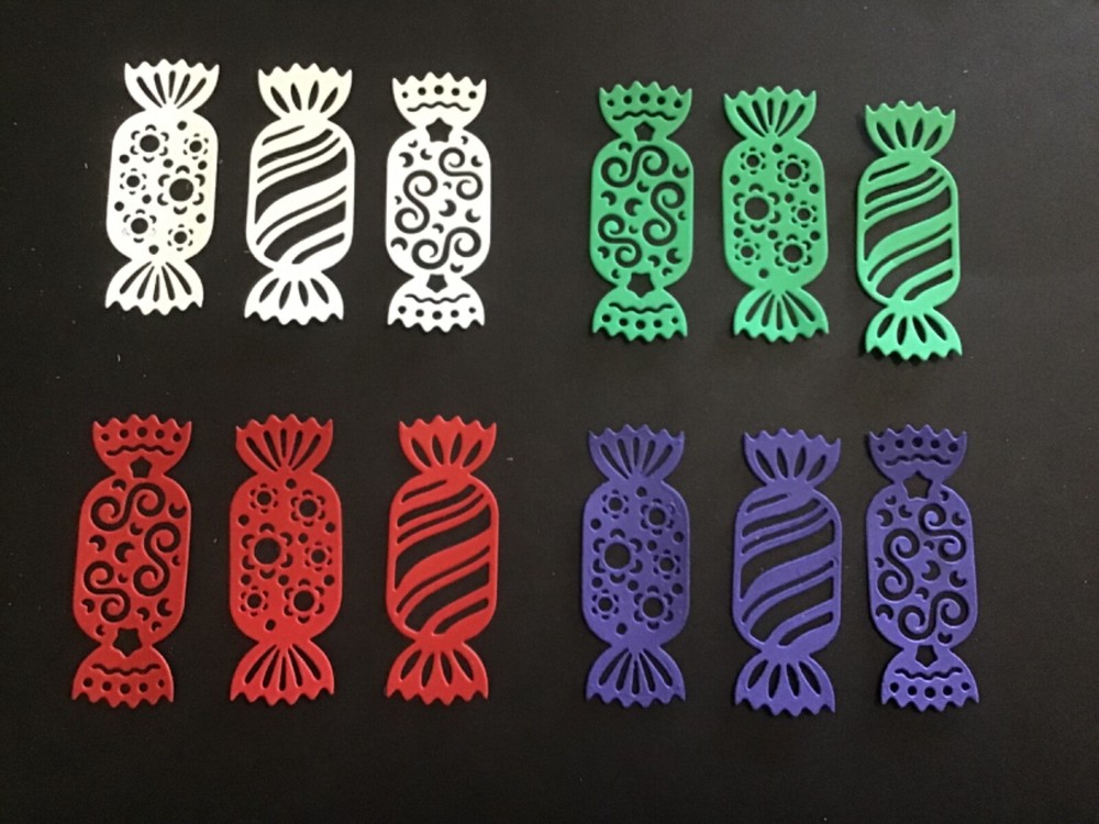 CANDY Die Cut Embellishments 3 Designs 4 each 12 pcs Choose Color 1” x 2-5/8”