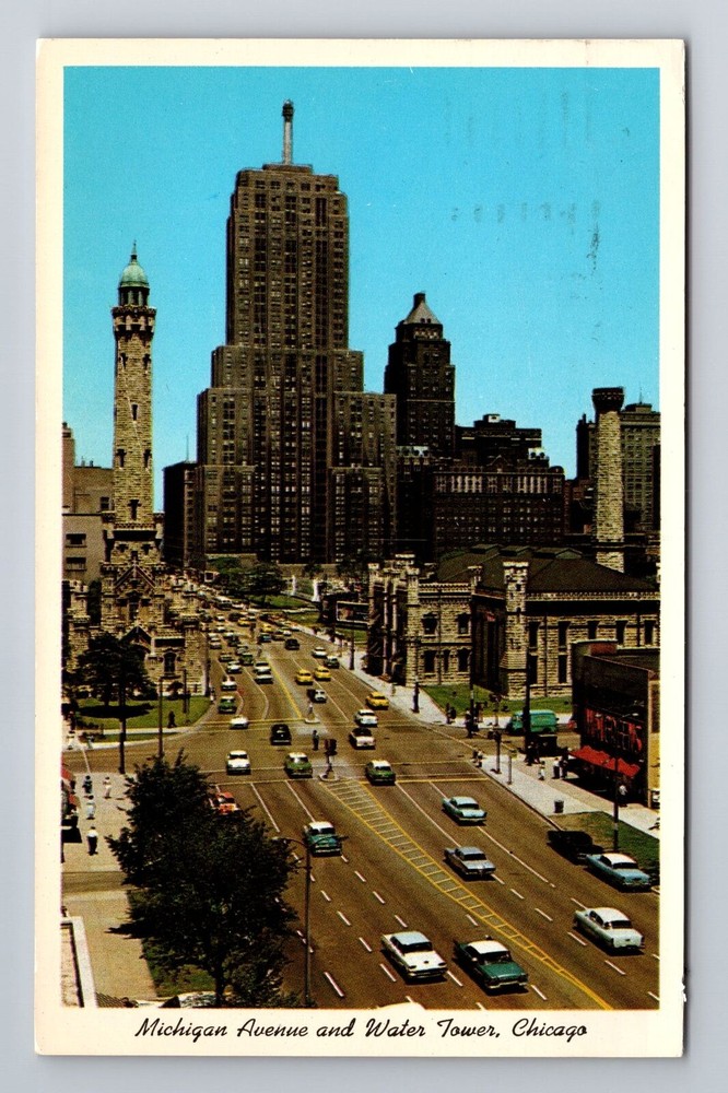 Chicago IL-Illinois, Old Water Tower, North on Michigan Ave, Vintage Postcard
