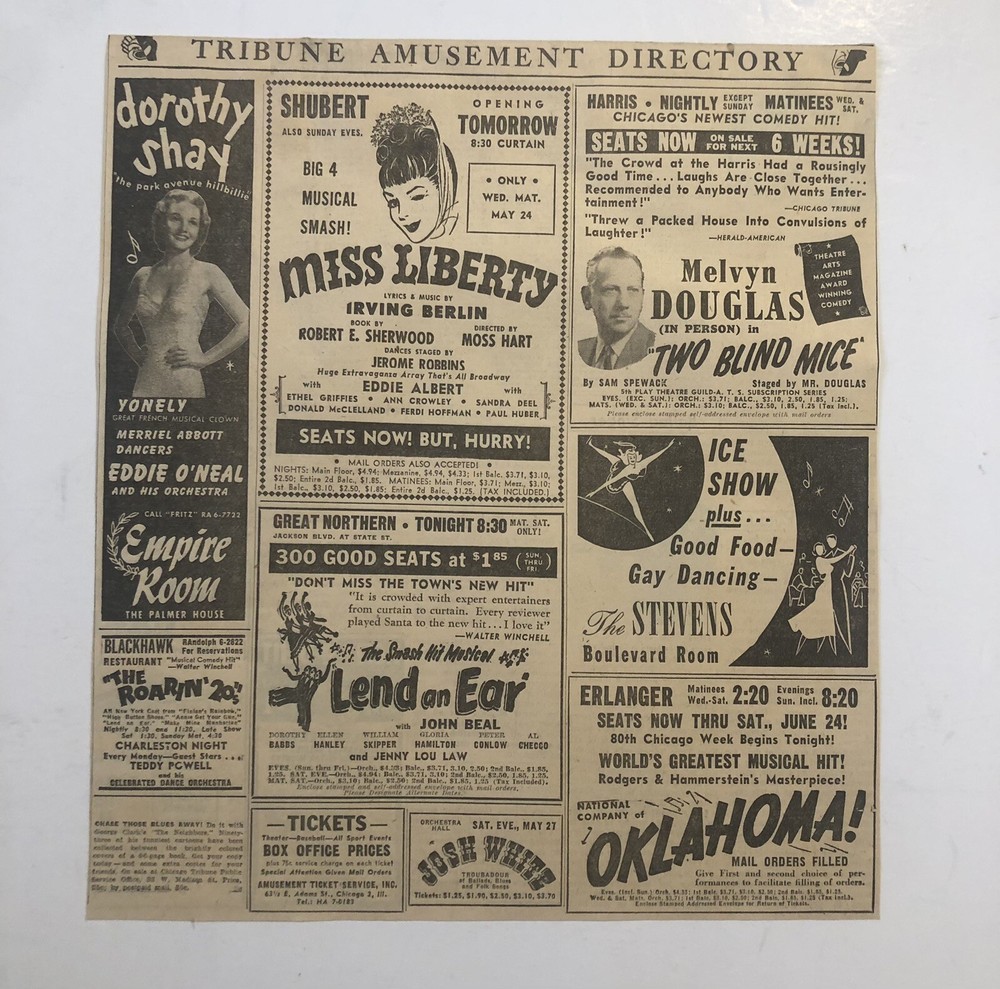 1950’s Chicago Amusements Theater Ads Chicago Tribune Newspaper Ad 0C25