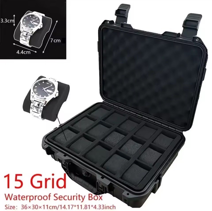 Waterproof 15 Slot Watch Storage Box Hard Case Protection Travel Carry Luxury