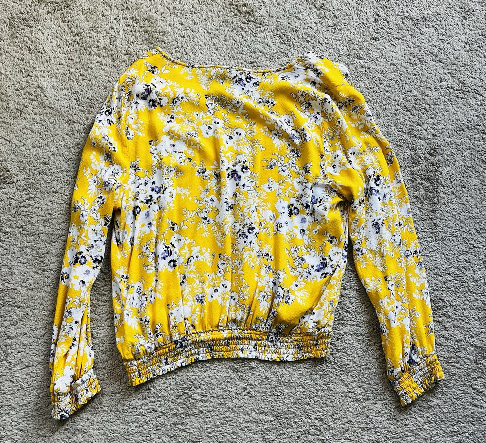 ROSE + OLIVE Floral Long Sleeve Blouse V Neck Elastic Waist Yellow Size L
