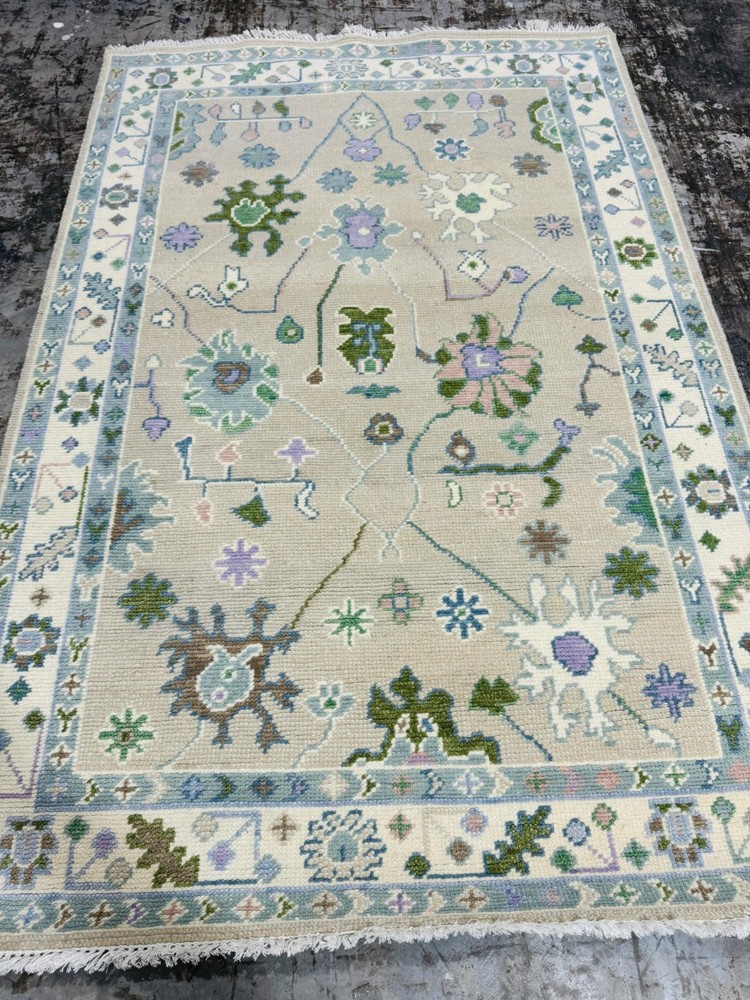 Hand Knotted Ivory Oushak Rug, Multi Color Floral Wool Area Carpet Traditional