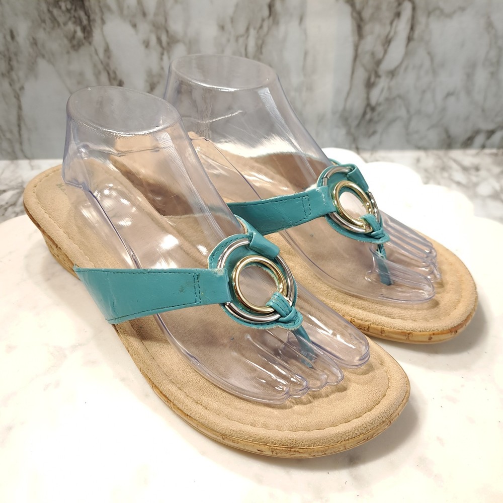 Tuscany Womens Slip On Sandals Baby Blue Tan 12M Gold Accent Made In Italy