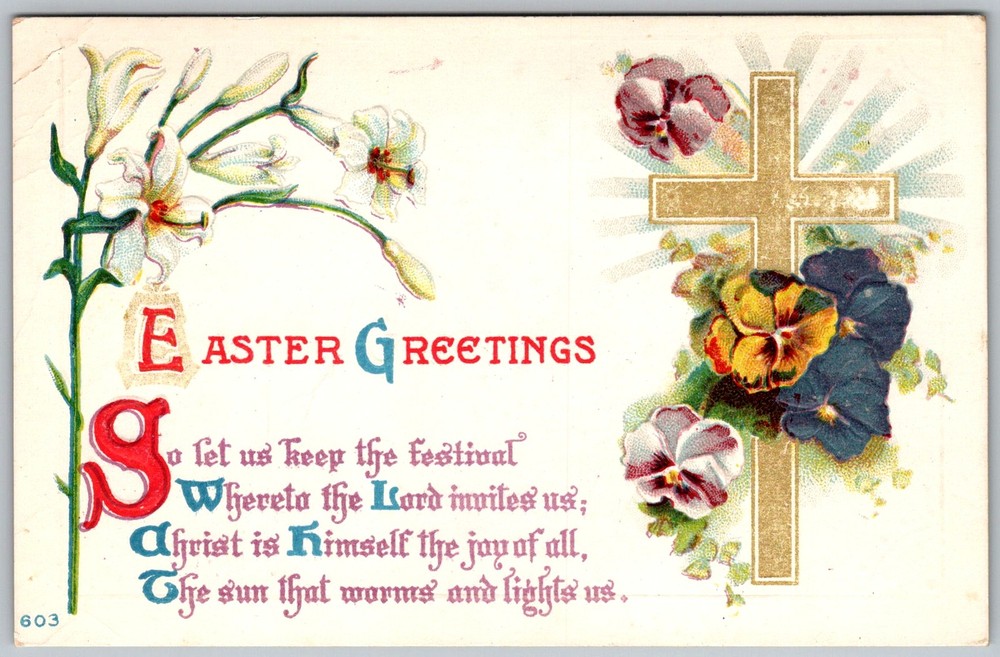 Antique Postcard Easter Greetings Floral Cross 1910s