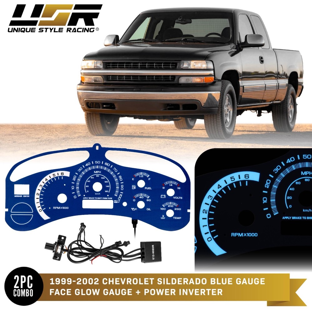 ESCALADE WHITE Glow Gauge BLUE Overlay for 99-02 GMC Sierra Yukon Cluster  