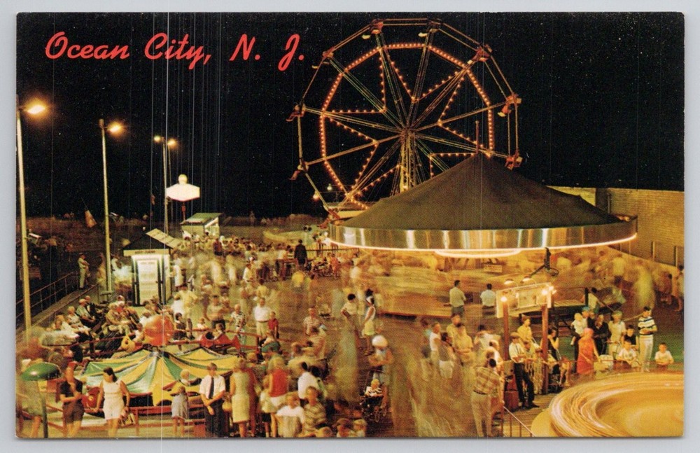 Vintage 1976 Ocean City NJ Amusement Pier Night Ferris Wheel Postcard