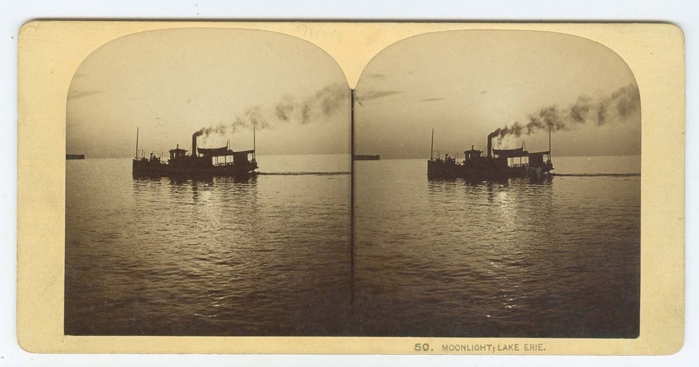 G5229~ MOONLIGHT on Lake Erie Steamer Silhouette 1890 Stereoview – R.K. Bonine
