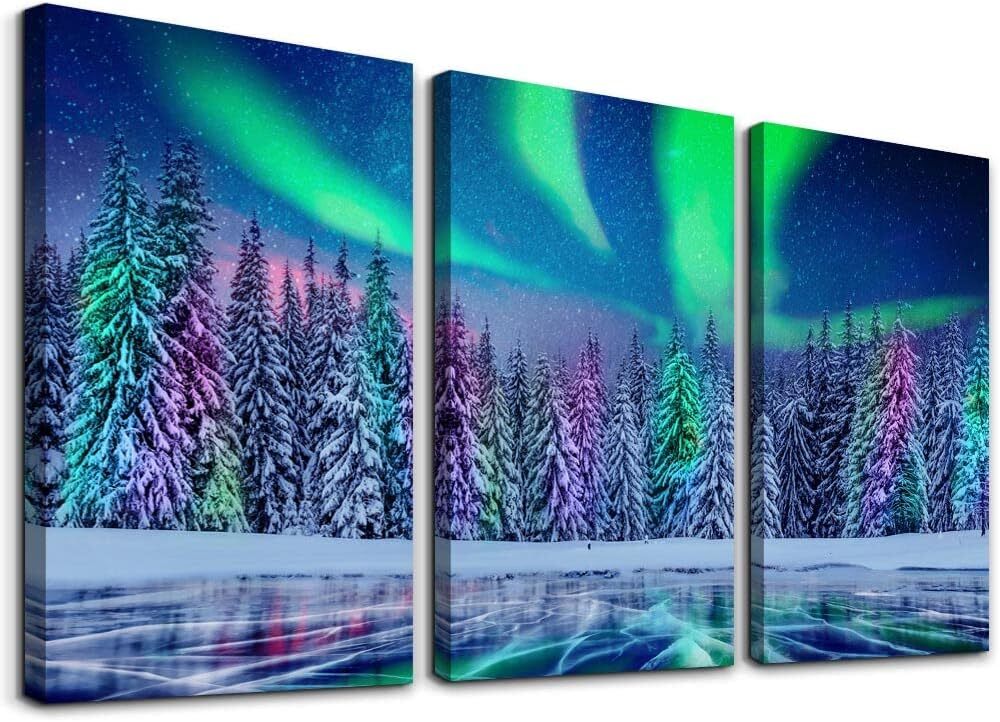 Farmhouse Canvas Wall Art For 12x16inches*3pcs, Forest Aurora Paintings