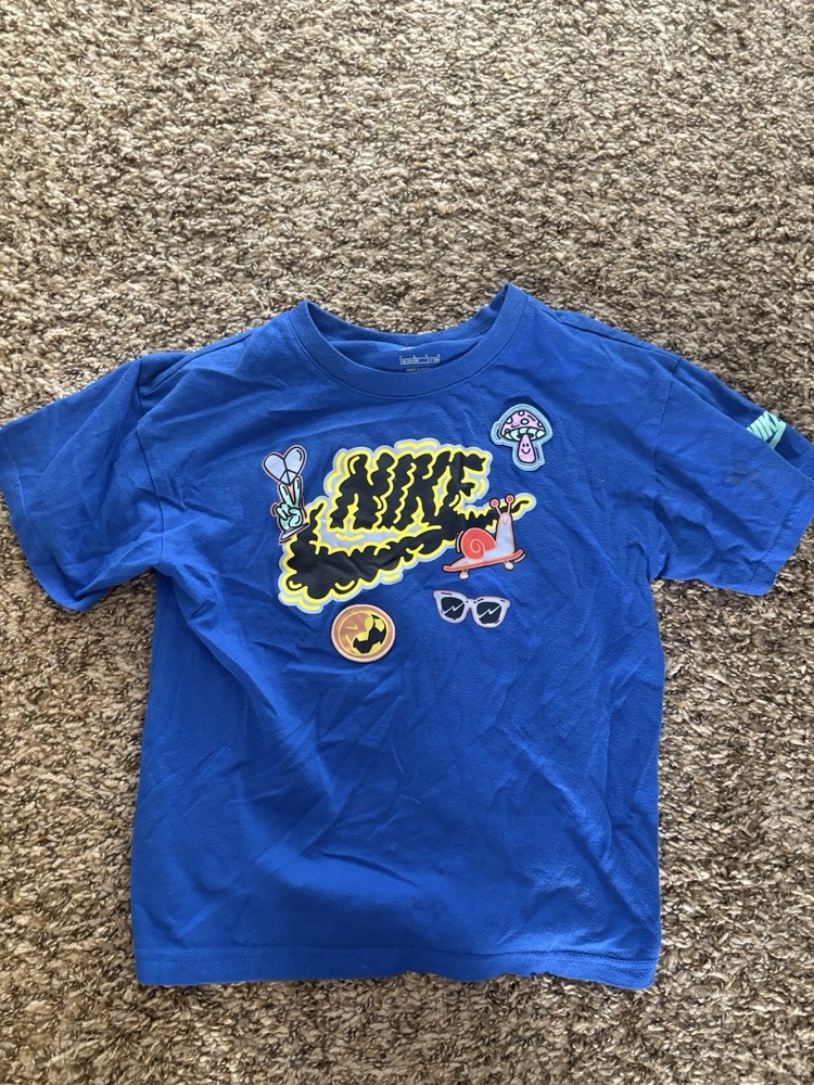 Nike Blue Graphic Logo T-Shirt Boys L (6-7 Yrs) Crew Neck Short Sleeve