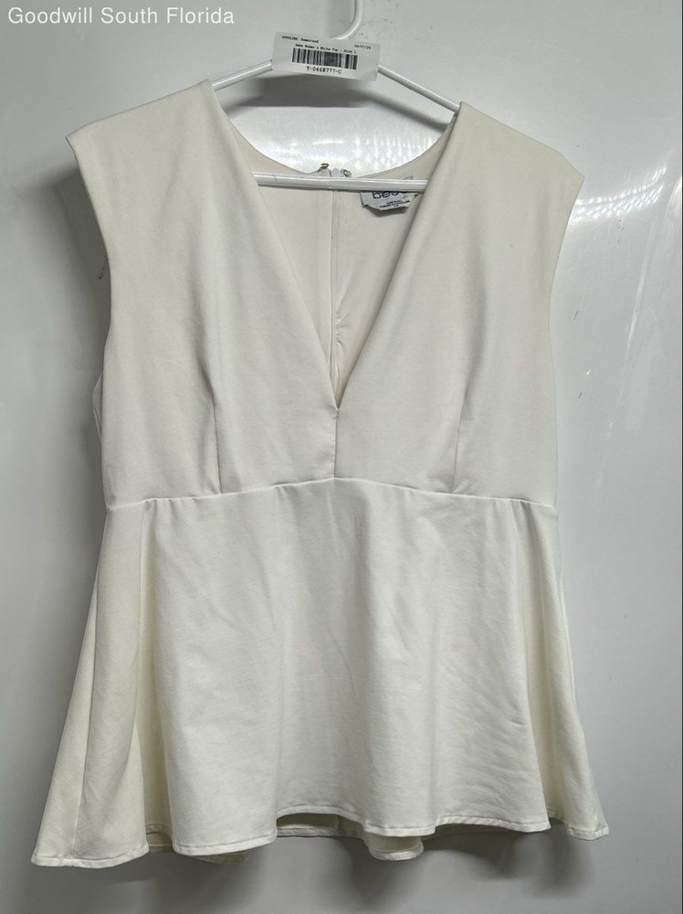 Bebe Womens White V-Neck Sleeveless Stretch Back Zip Blouse Top Size Large