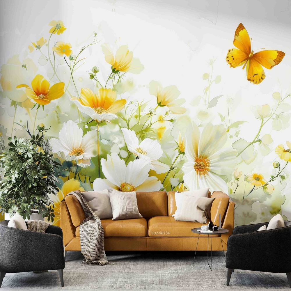 3D Flowers Butterfly Watercolor Wall Murals Wallpaper Murals Wall Sticker